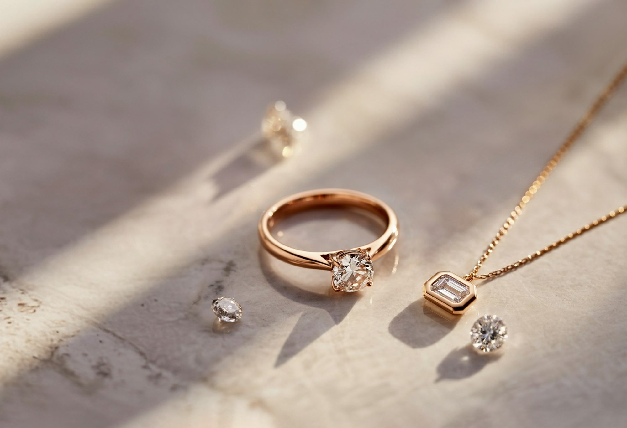 Bague de fiançailles en or rose avec diamant rond brillant et pendentif avec pierre incolore taillée émeraude