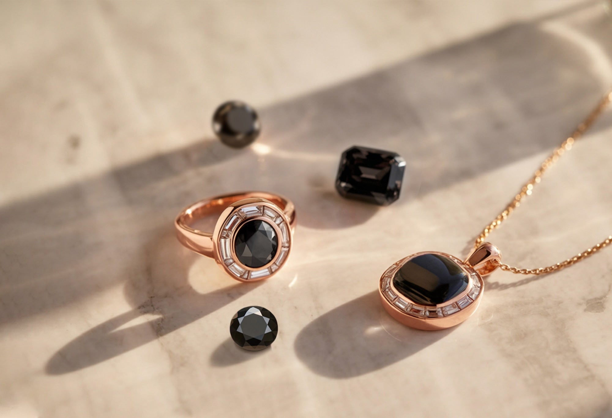 Bijoux en or rose avec pierres précieuses noires sur fond de marbre crème, incluant une bague en diamant noir ovale et un pendentif en onyx noir cabochon entourés de diamants baguette.