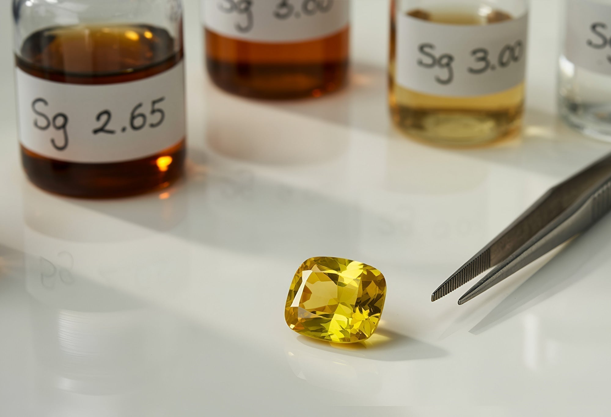 Saphir jaune testé dans un laboratoire de gemmologie avec des bouteilles de liquides denses utilisés pour mesurer la densité des pierres précieuses. Analyse gemmologique professionnelle du saphir jaune.