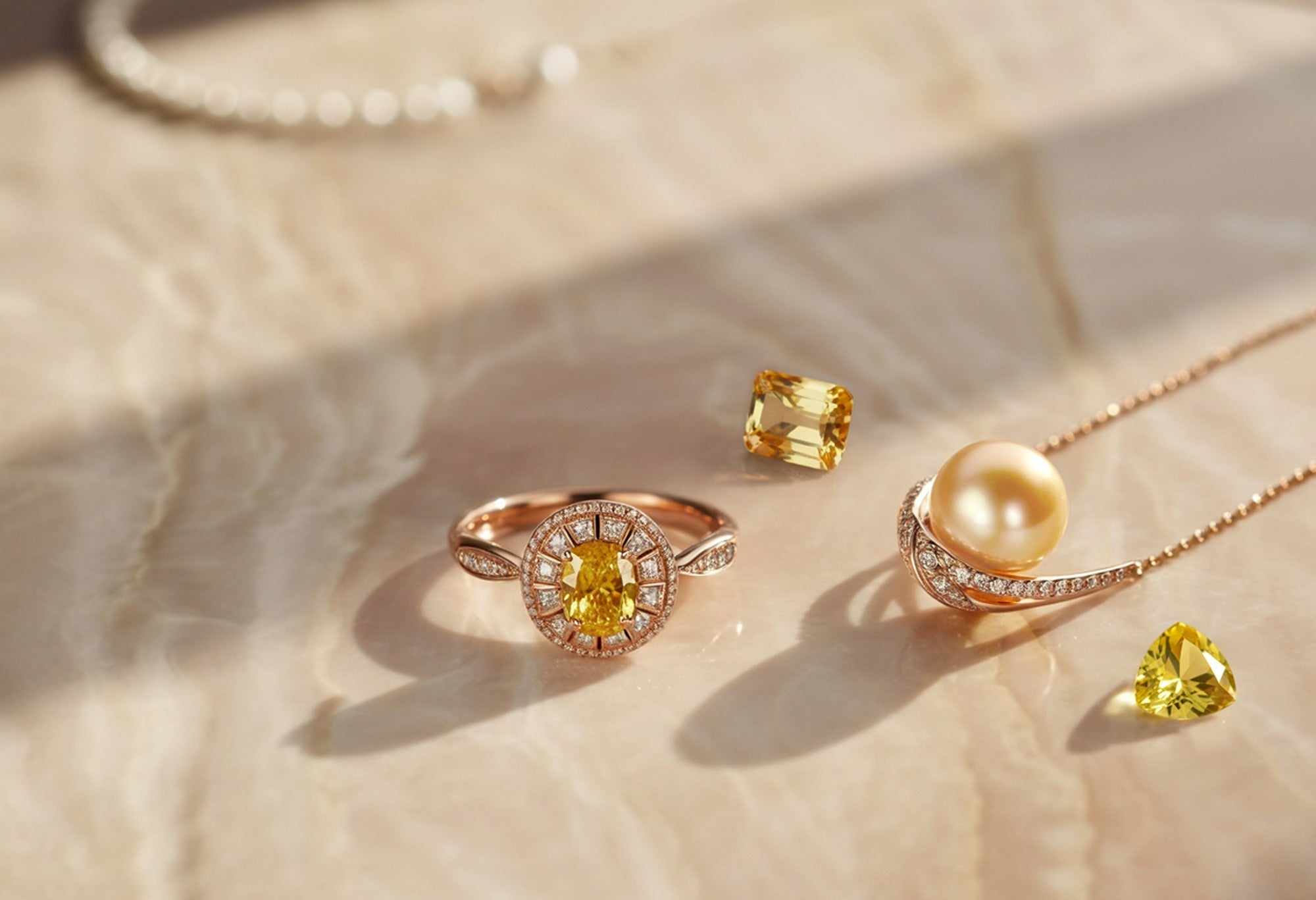 Bijoux en or jaune avec citrine et saphir jaune, illustrant l’éclat lumineux des pierres précieuses jaunes.