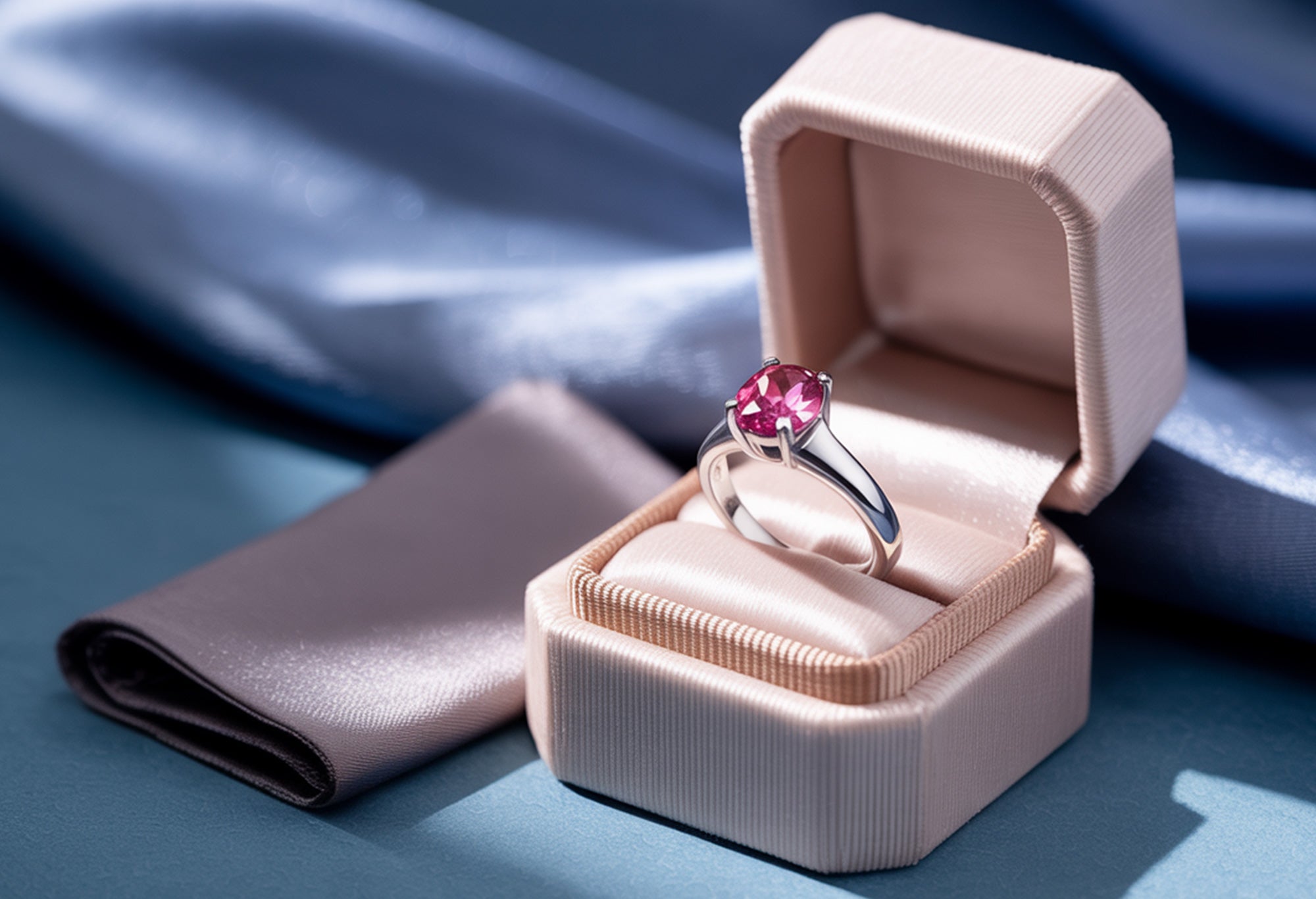Bague sertie d’une tourmaline rose posée dans un écrin, accompagnée d’un chiffon de nettoyage.