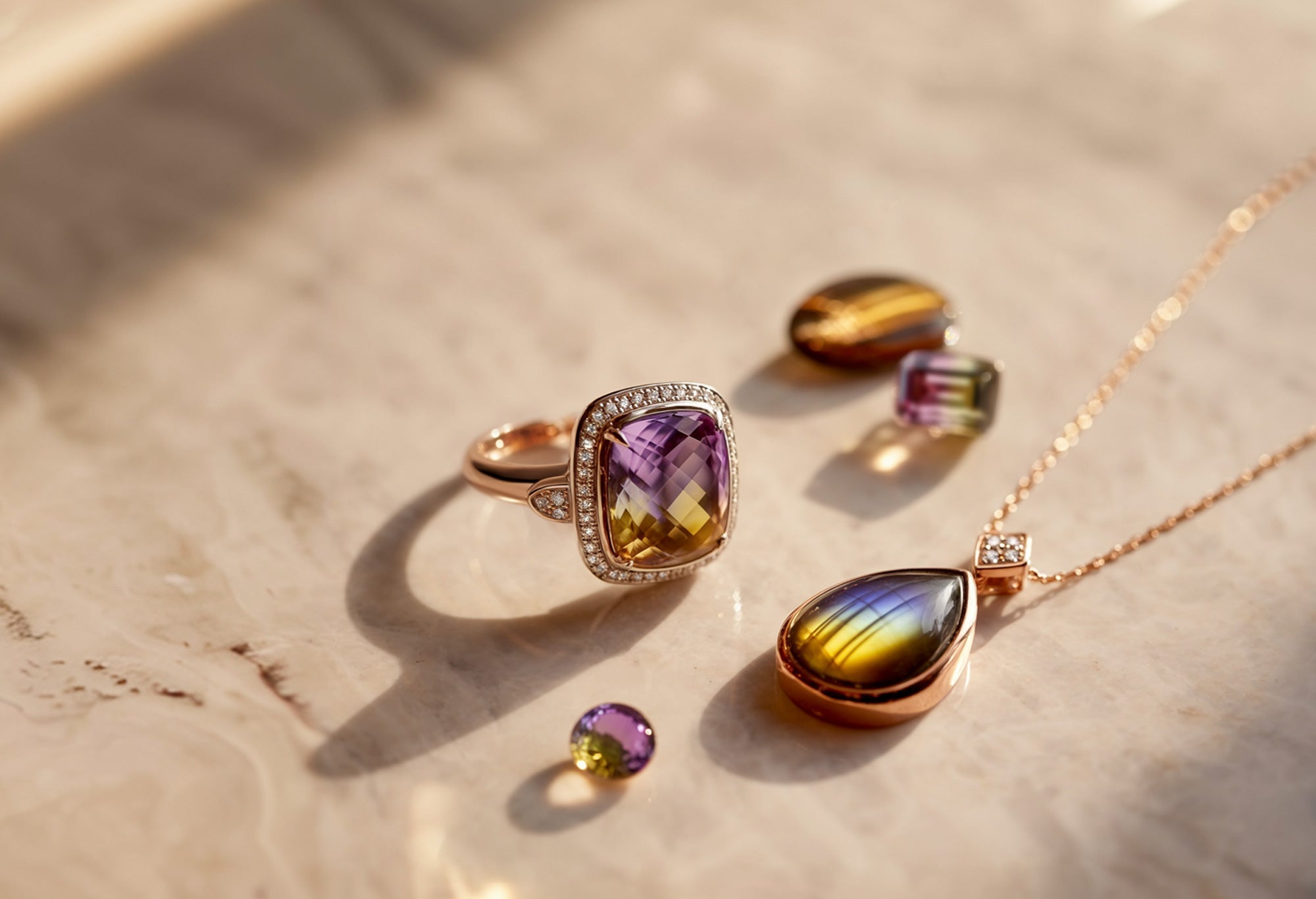 Bague et pendentif en pierres précieuses bicolore sur fond de marbre beige