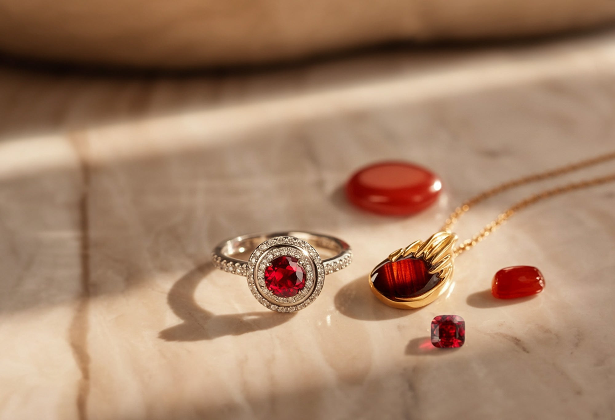 Ensemble de bijoux élégants en pierres précieuses rouges, comprenant une bague en argent sertie de rubis et de diamants, un collier en or avec un pendentif rubis texturé, et plusieurs pierres de rubis taillées sur une surface marbrée.
