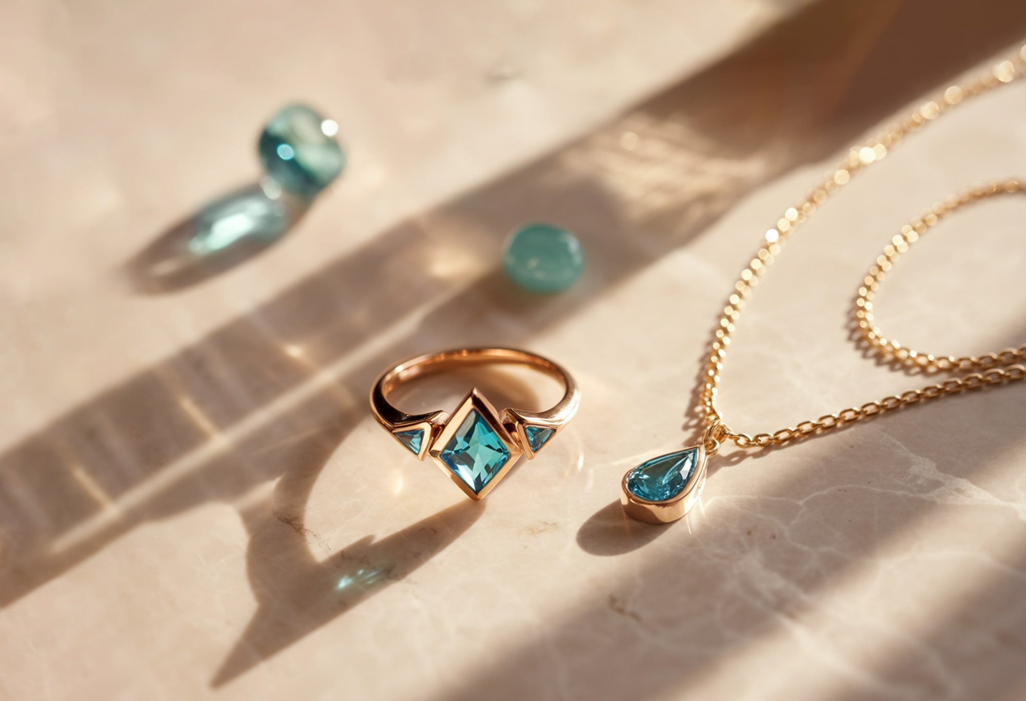 Bague en or rose sertie de trois tourmalines Paraiba bleu turquoise et pendentif poire assorti, entourés d’une amazonite et d’une aigue-marine non serties sur fond de marbre.