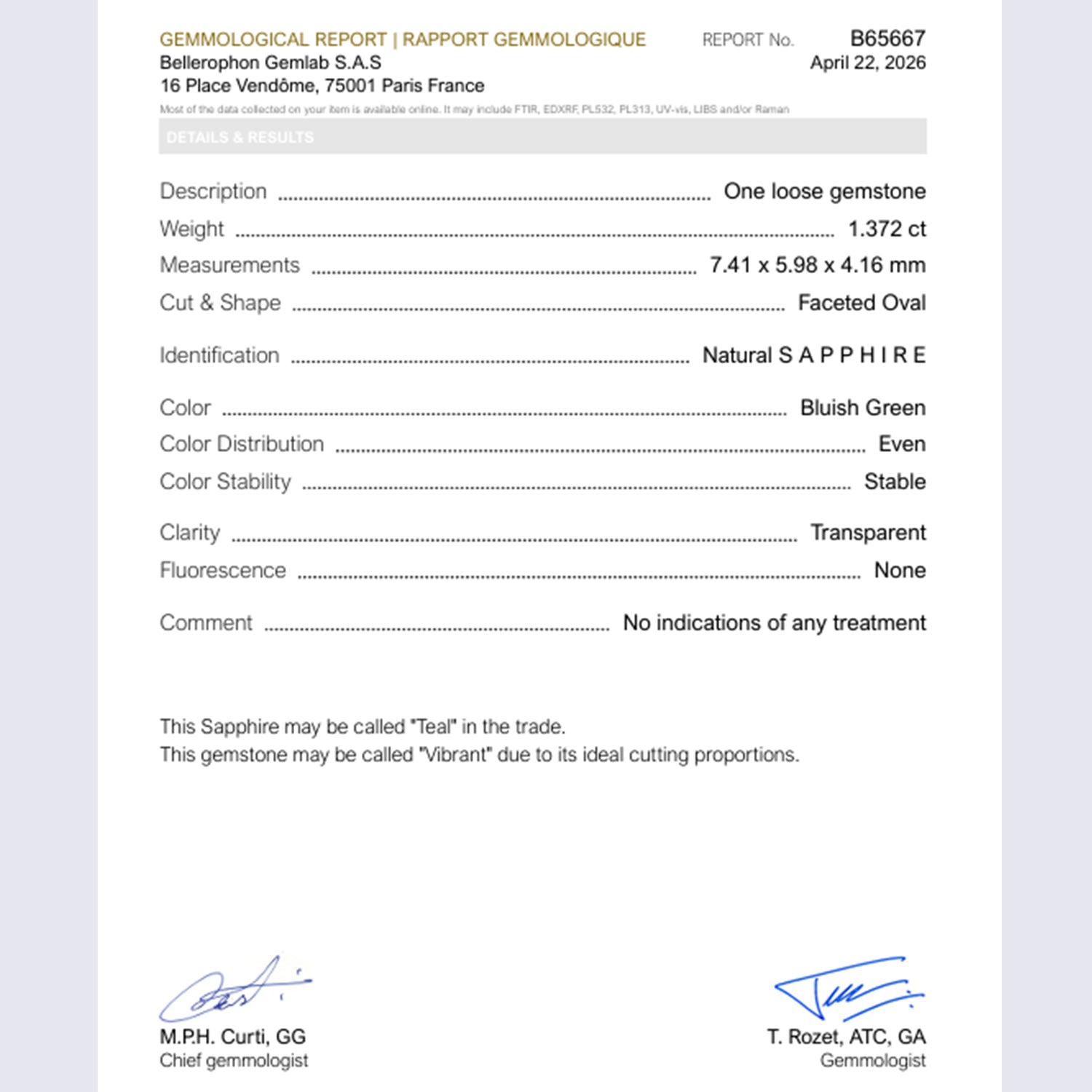 Certificat Saphir Teal Non Chauffé 1.37ct. Origine Montana, USA