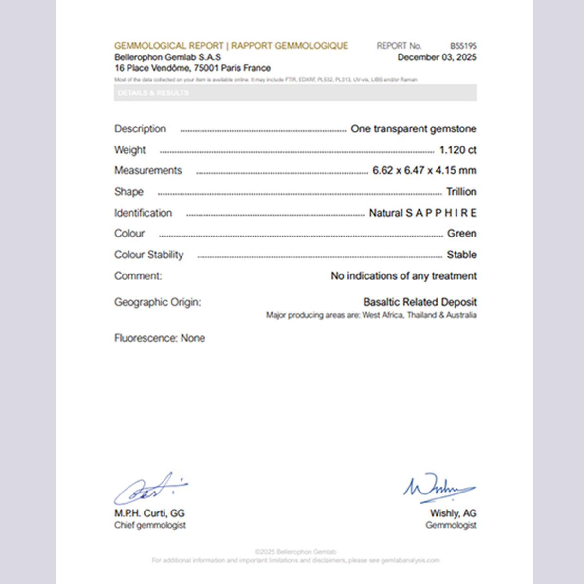 Certificat Bellerophon saphir Vert 1.120ct non chauffé. Provenance Australie.