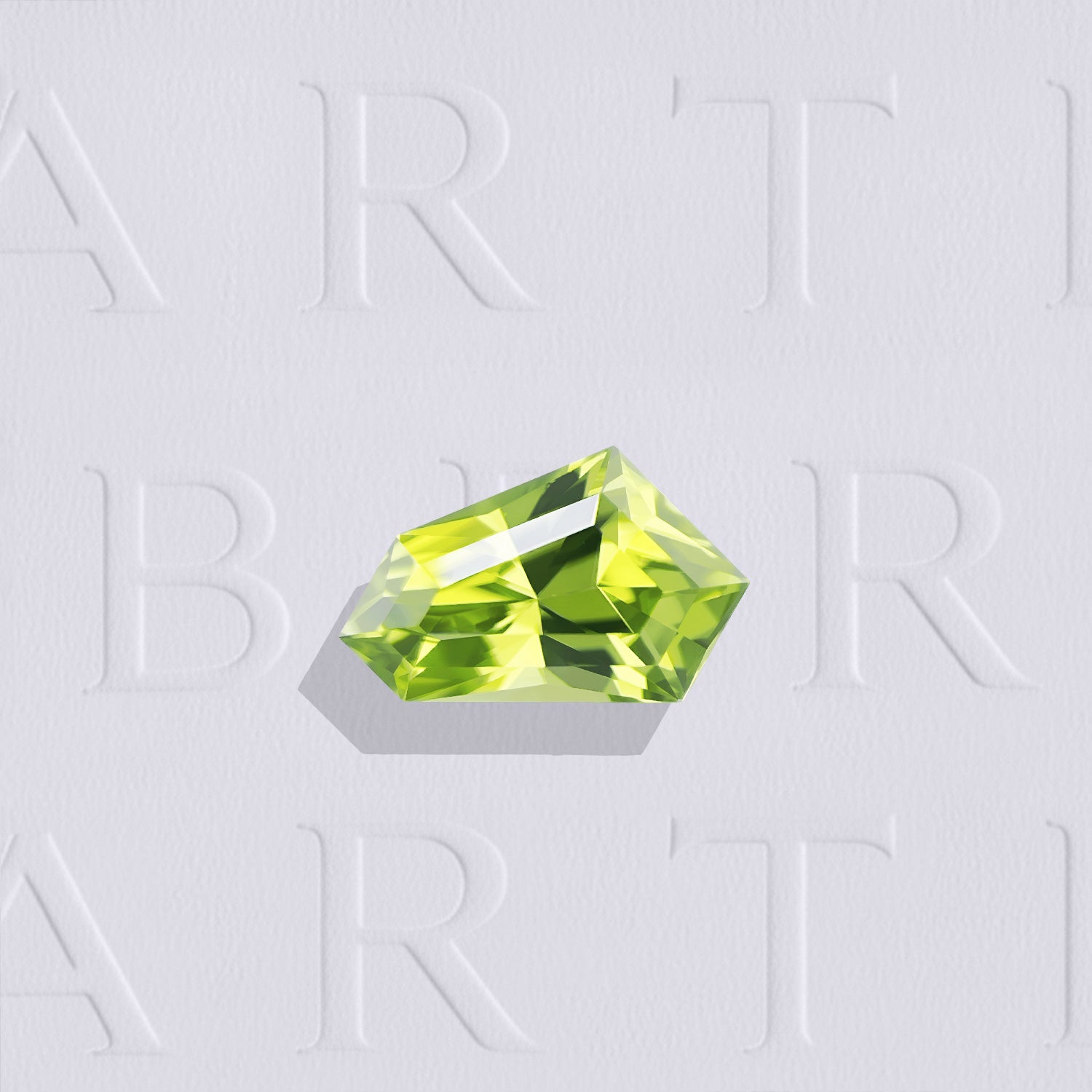 Péridot naturel non traité facetté de forme abstraite, poids: 0.90 carat, origine: Myanmar, couleur vert-jaune prononcé, sans inclusion visible à l'œil nu.