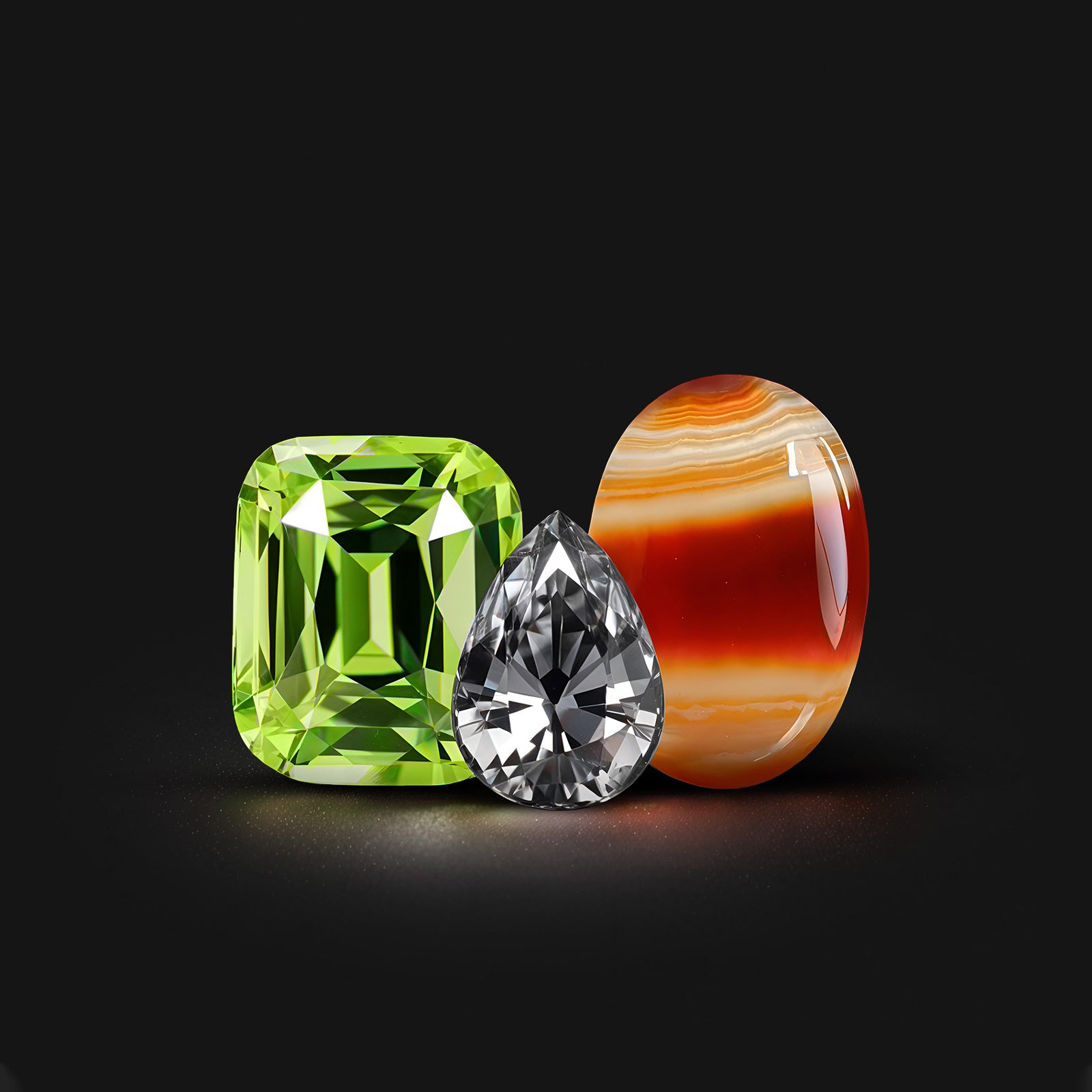 Pierres de naissance d’août : péridots verts lumineux, spinelles colorés et sardonyx aux motifs naturels sur fond noir, alliant élégance et caractère