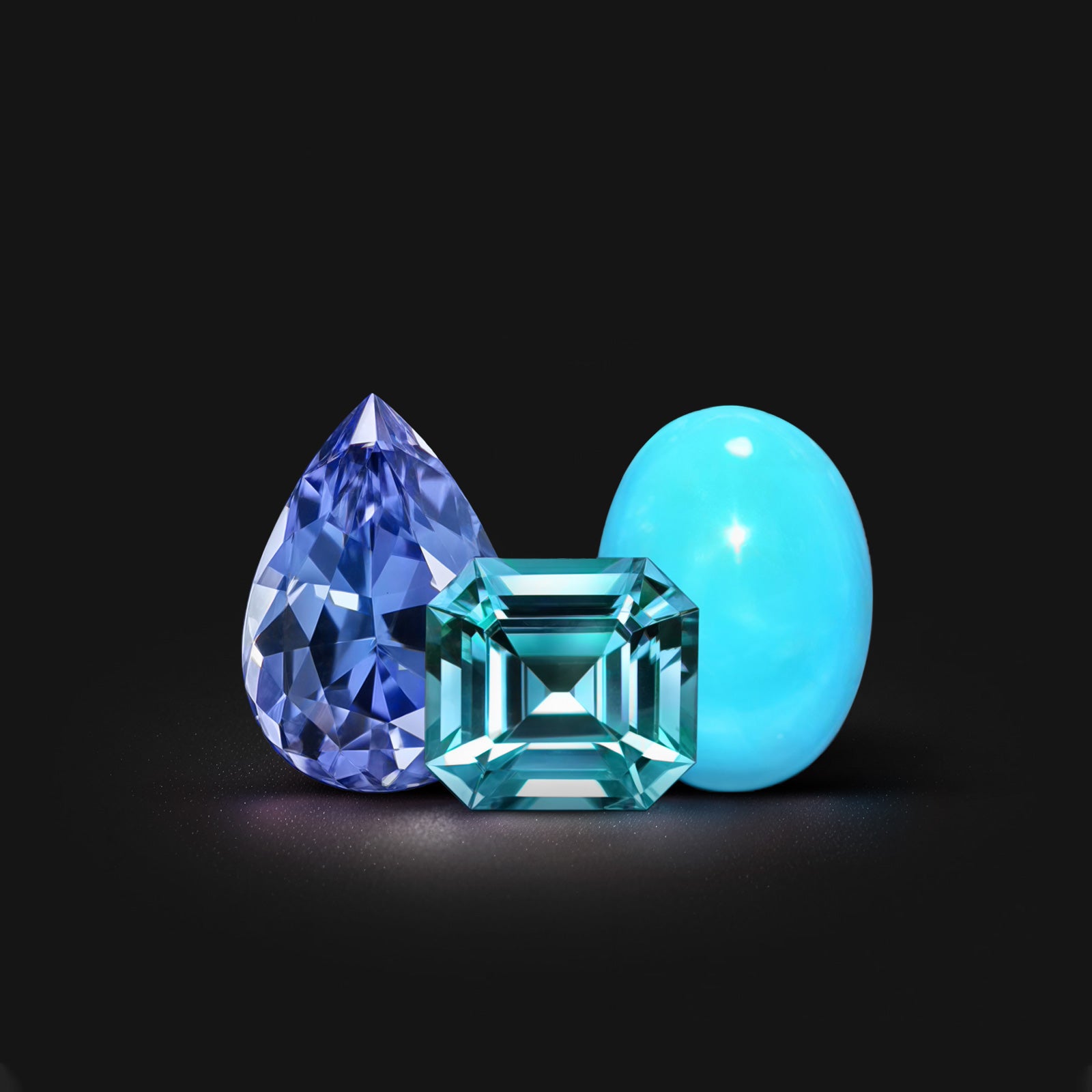 Pierres de naissance de décembre : tanzanites bleu-violet, zircons étincelants et turquoises veinées sur fond noir, gemmes rares et protectrices
