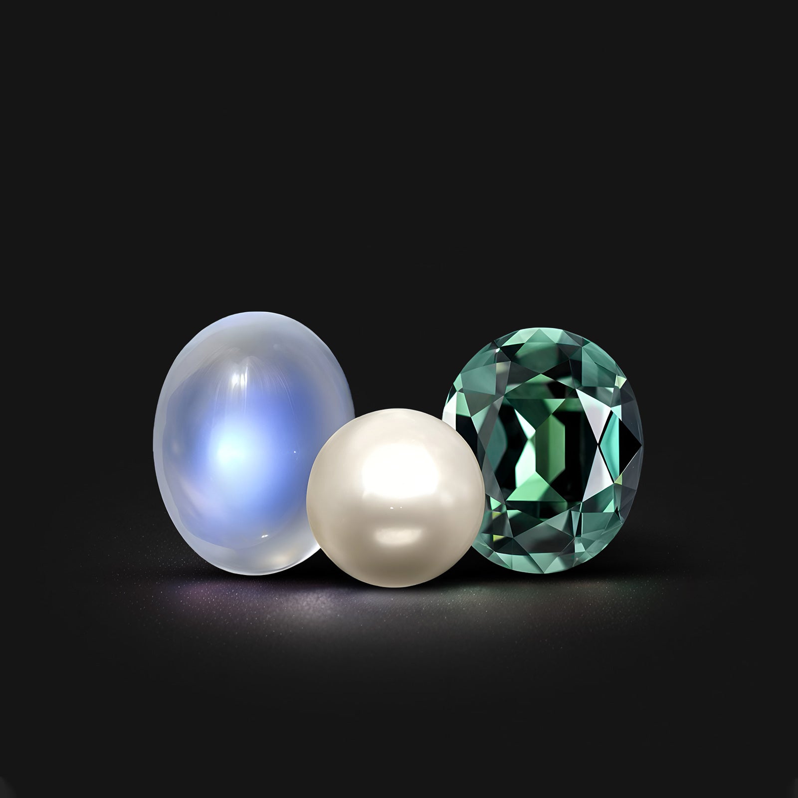 Pierres de naissance de juin : perles immaculées, pierres de lune lumineuses et alexandrites rares sur fond noir, symboles de pureté et de mystère