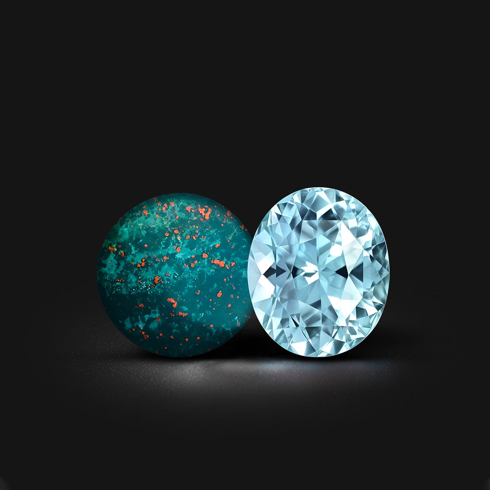 Pierres de naissance de mars : aigue-marine bleu clair et bloodstones vertes tachetées de rouge sur fond noir, symboles de pureté et de vitalité