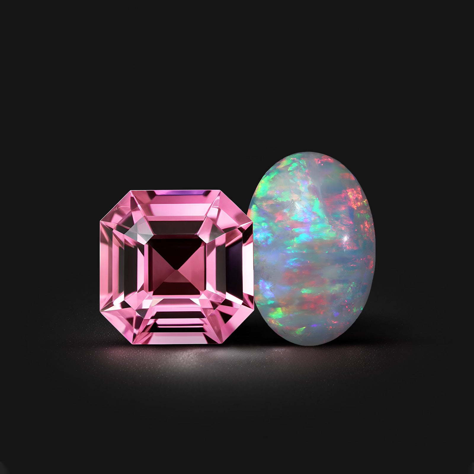 Pierres de naissance d’octobre : opales aux irisations multicolores et tourmalines éclatantes sur fond noir, symboles d’amour et d’espérance