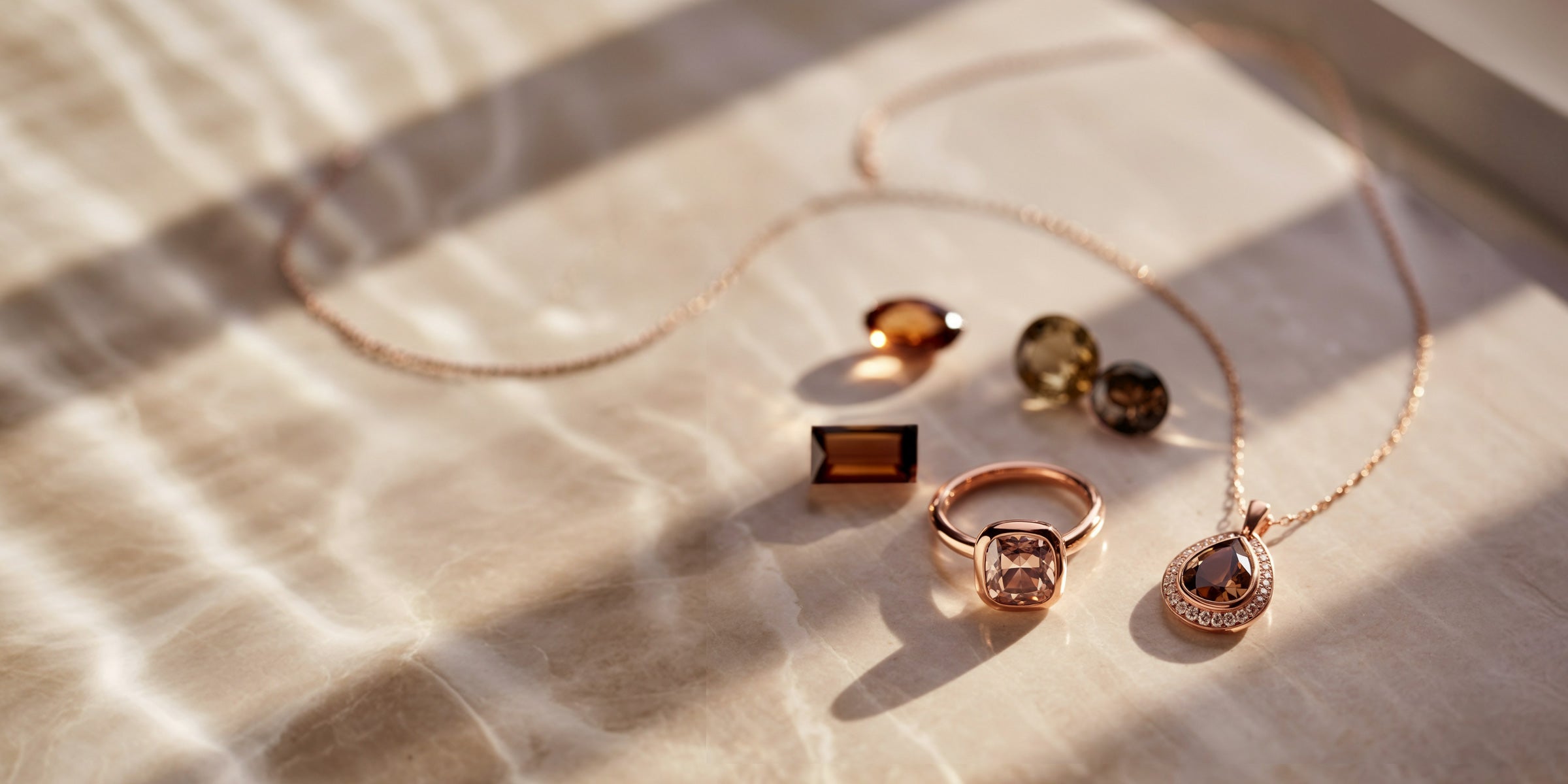 Bijoux élégants en pierres fines brunes, bague et pendentif en or rose avec halo de diamants