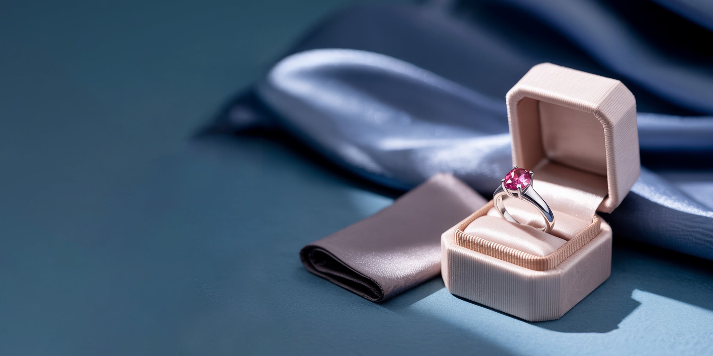 Écrin ouvert contenant une bague en tourmaline rose, avec un chiffon doux prêt à l’emploi pour l’entretien.