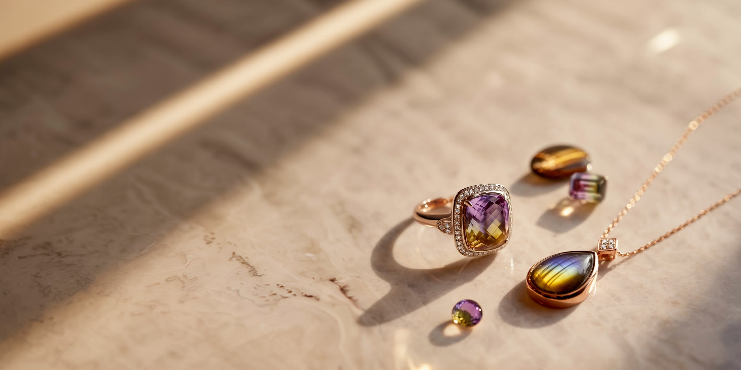 Photographie de bijoux en or rose sertis de pierres précieuses bicolore violettes et dorées