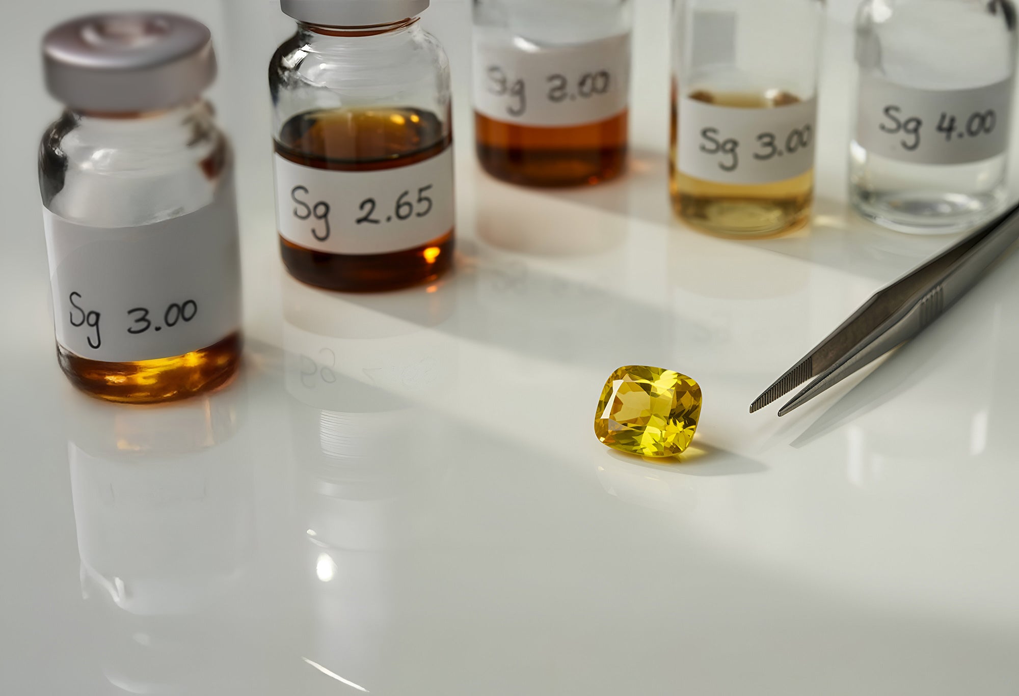 Saphir jaune testé dans un laboratoire de gemmologie avec des bouteilles de liquides denses utilisés pour mesurer la densité des pierres précieuses. Analyse gemmologique professionnelle du saphir jaune.