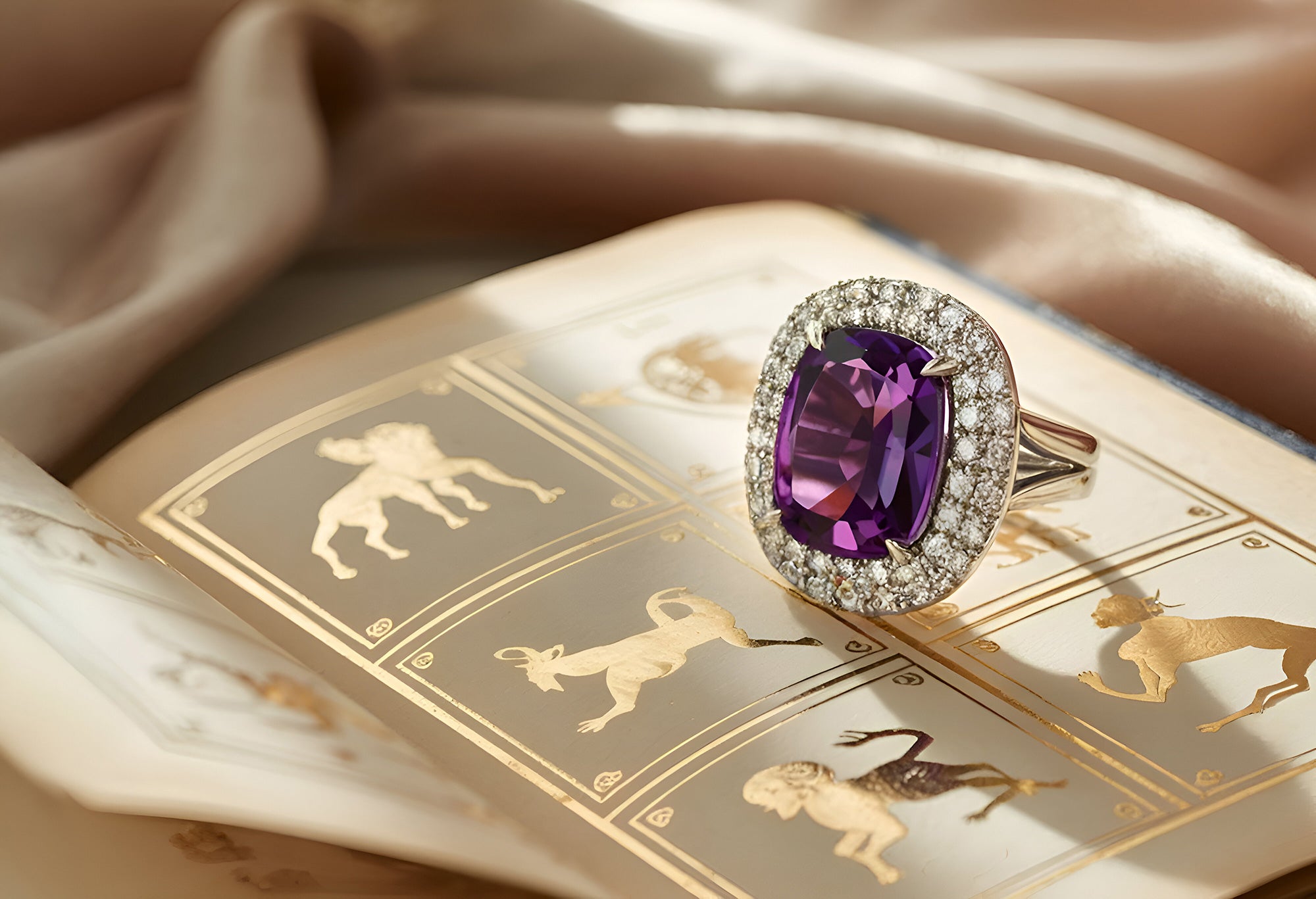 Bague pierre de naissance en amethyste sur un livre astrologique
