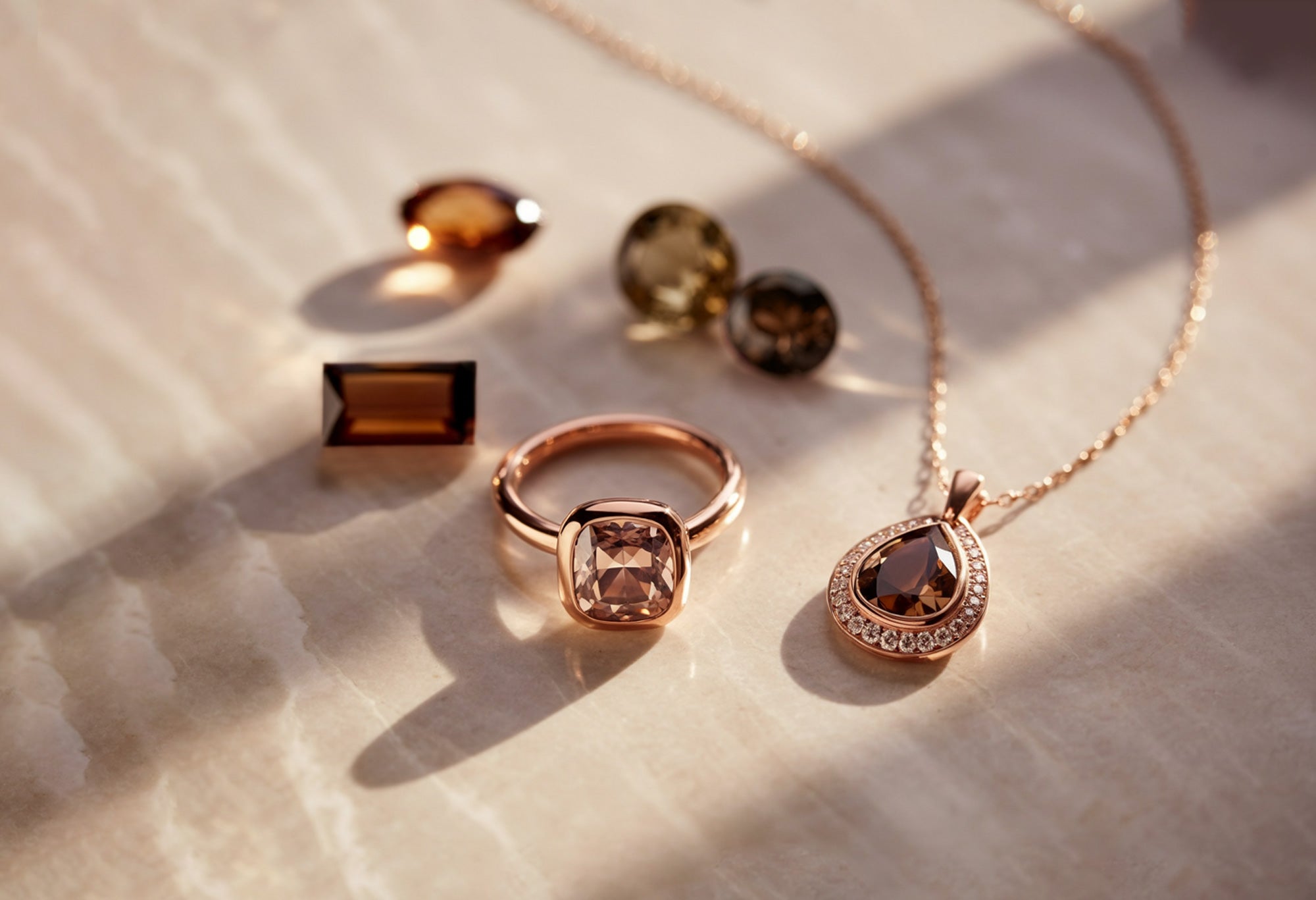 Bague en or rose avec quartz brun coussin et pendentif goutte serti de diamants sur fond de marbre beige
