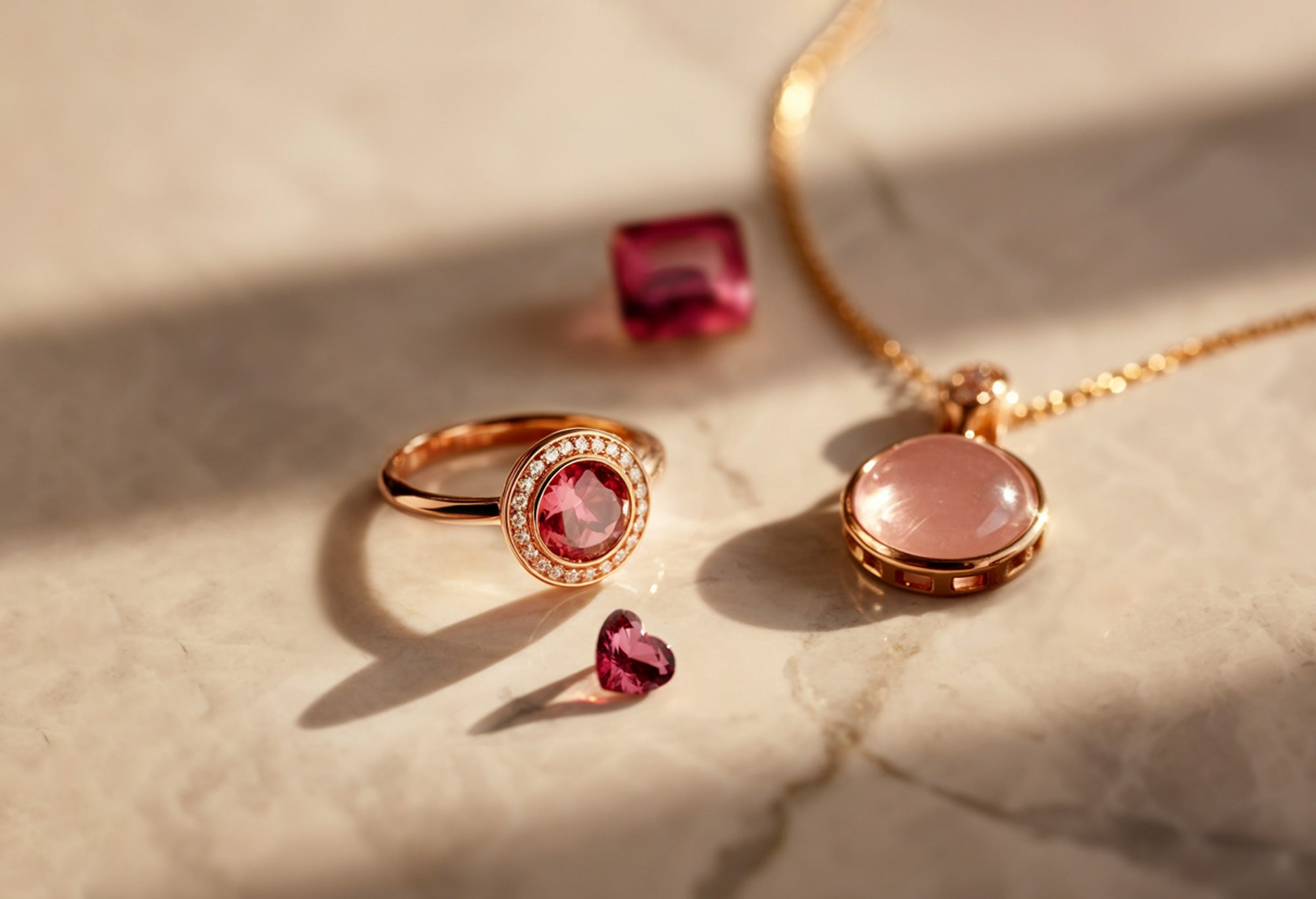 Bague en or rose avec tourmaline rose et pendentif en quartz rose cabochon sur fond de marbre