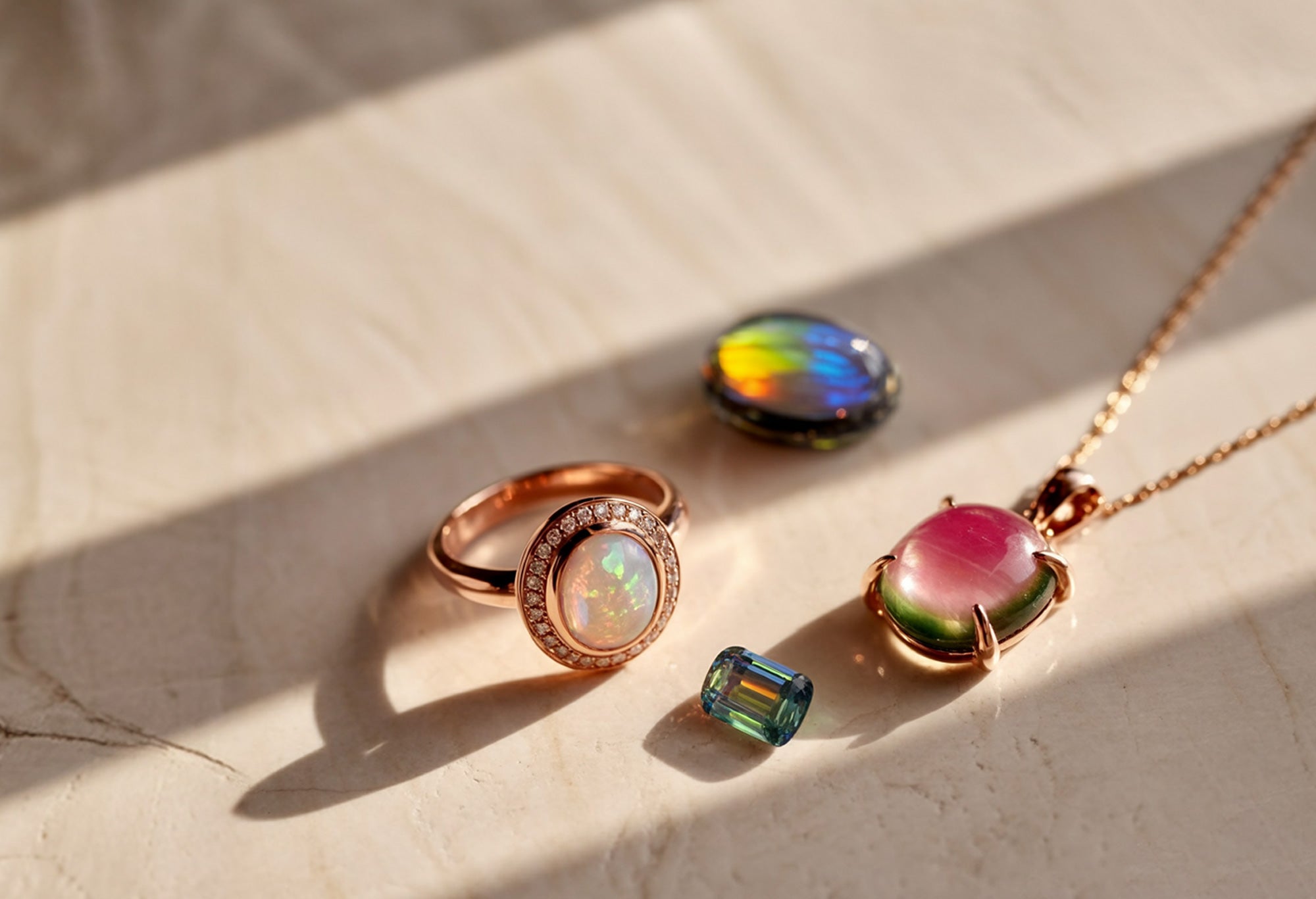 Bague et collier en or rose avec pierres multicolores comme opale et tourmaline