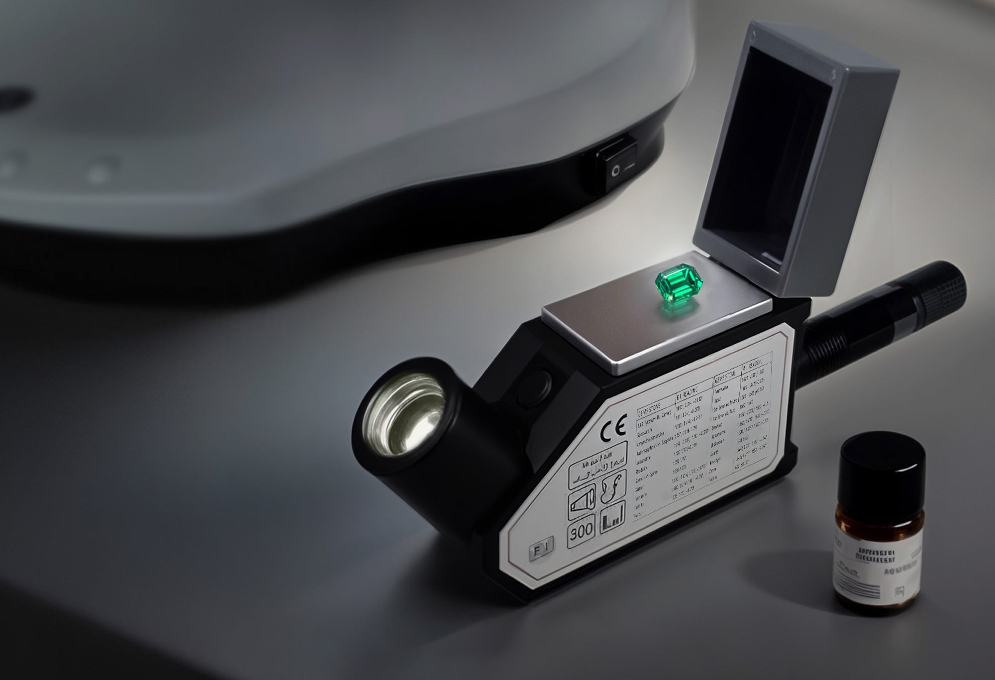 Émeraude posée sur un réfractomètre en laboratoire de gemmologie avec microscope et flacon de liquide réfractométrique, équipement professionnel pour l’identification des gemmes.