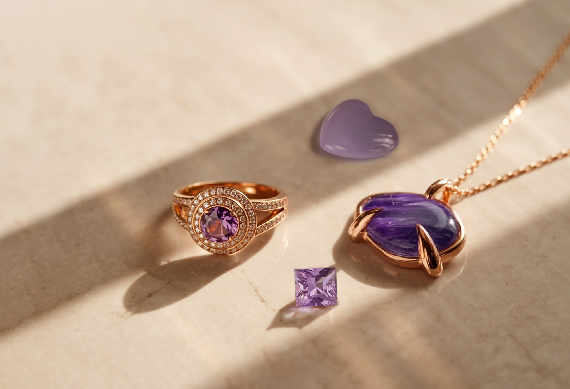 Bague en or rose sertie d’une pierre précieuse violette ronde entourée de diamants.