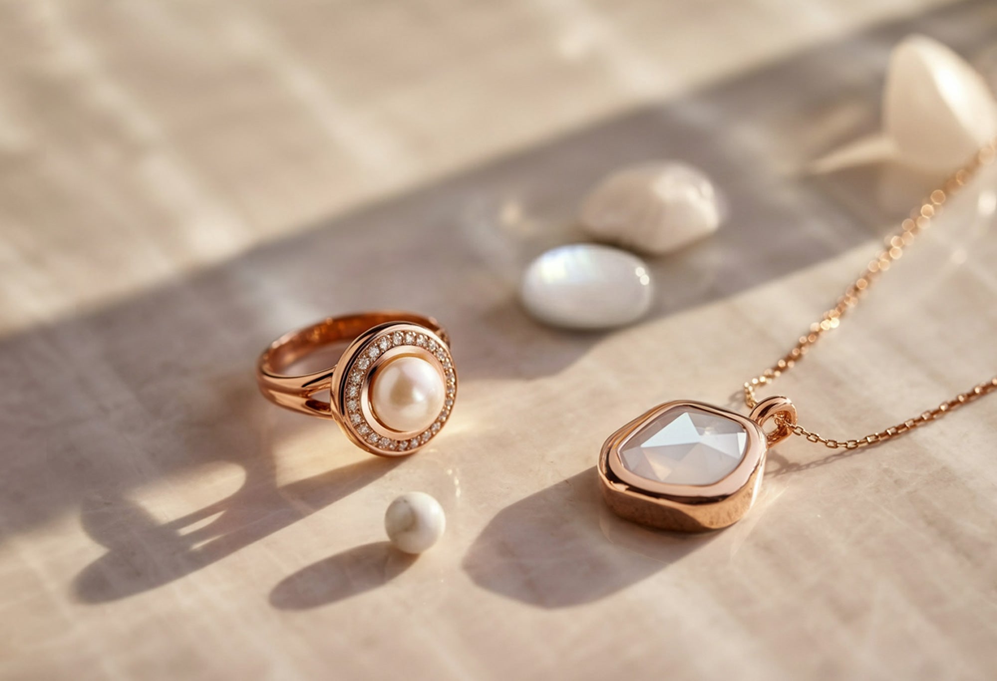 Bague en or rose sertie d'une perle blanche entourée de diamants, accompagnée d'un pendentif avec gemme blanche taillée, sur fond de marbre beige – bijou élégant en gemmes blanches.