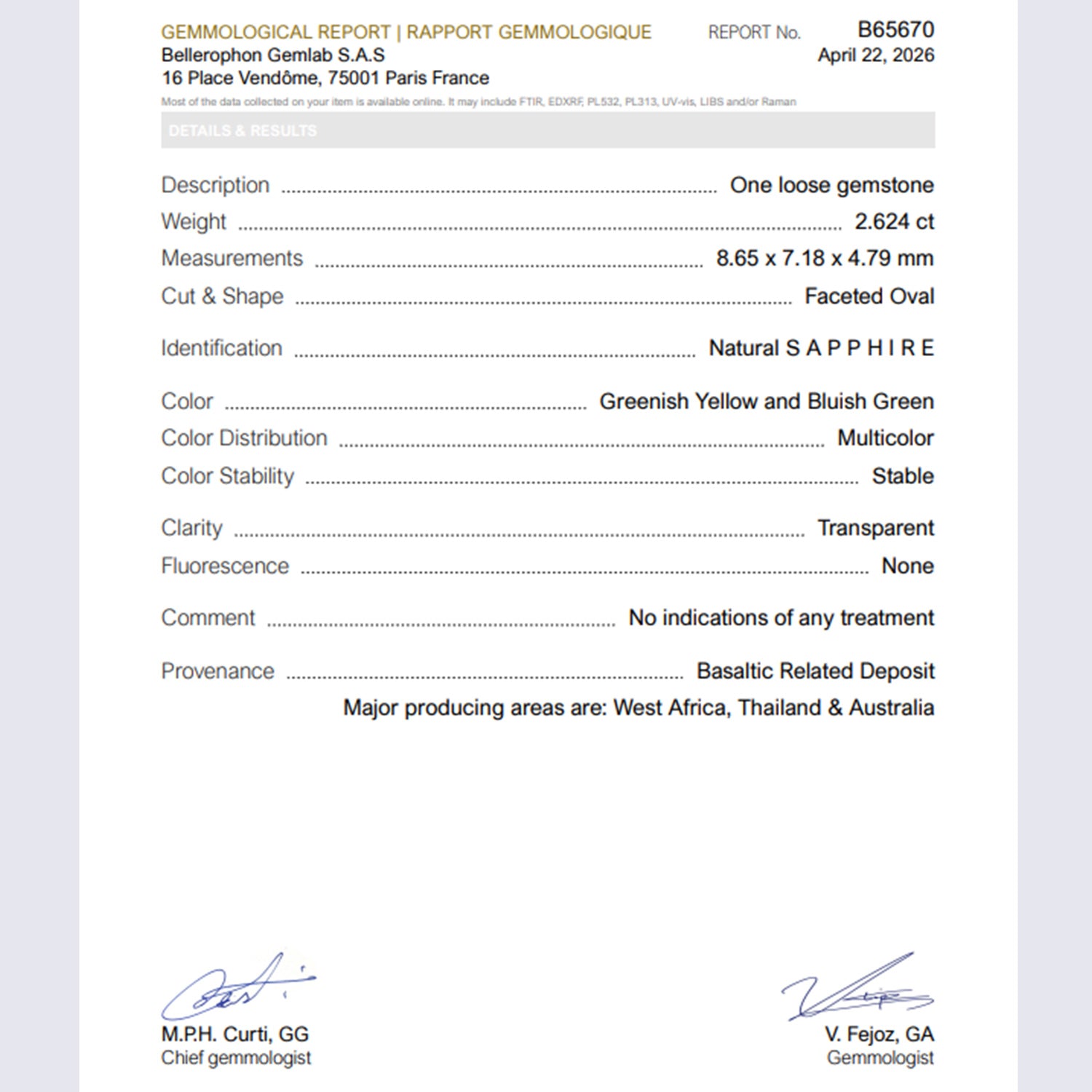 Certificat Bellerophon Saphir Bicolore  2.624ct non traité, vert bleuté et jaune-vert
