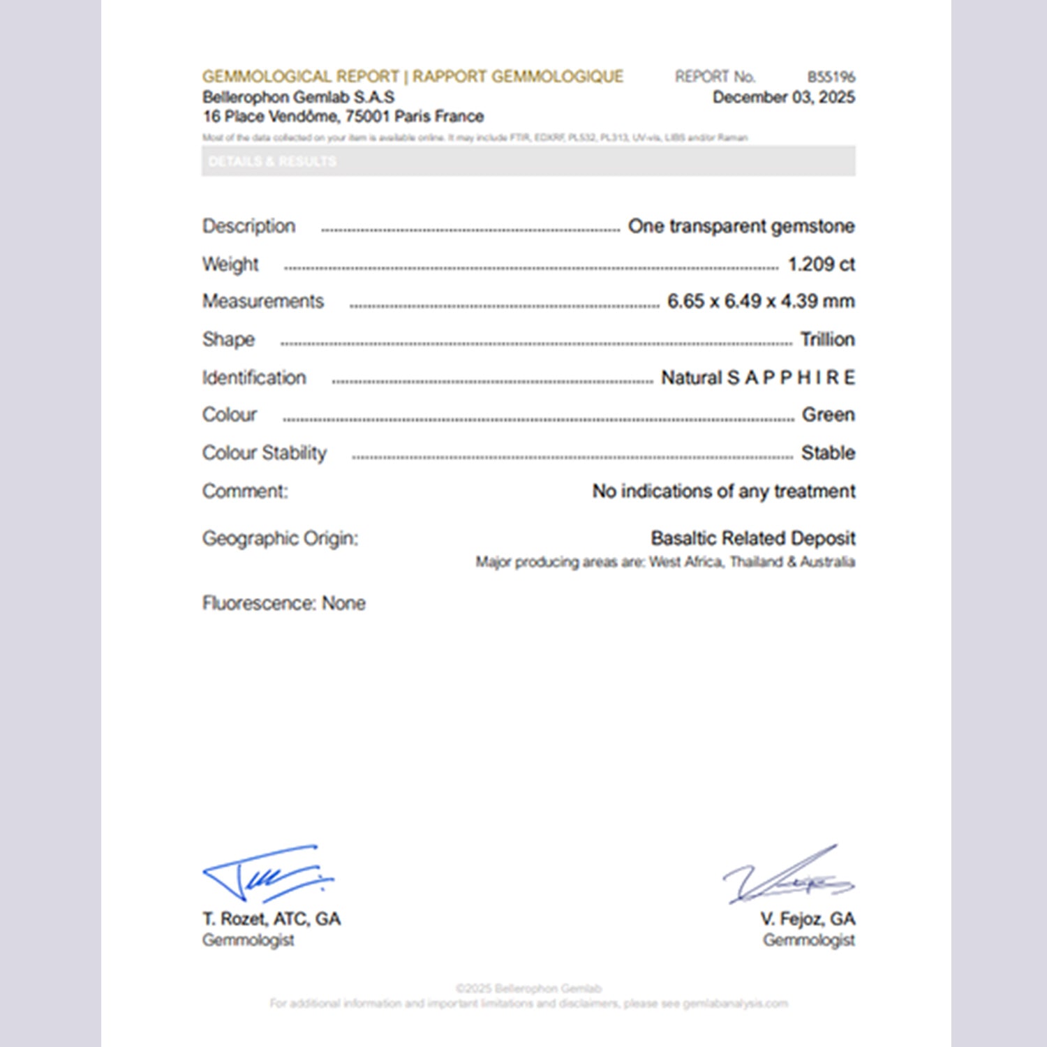 Certificat Saphir Vert Non chauffé 1.20ct Bellerophon GMS1443