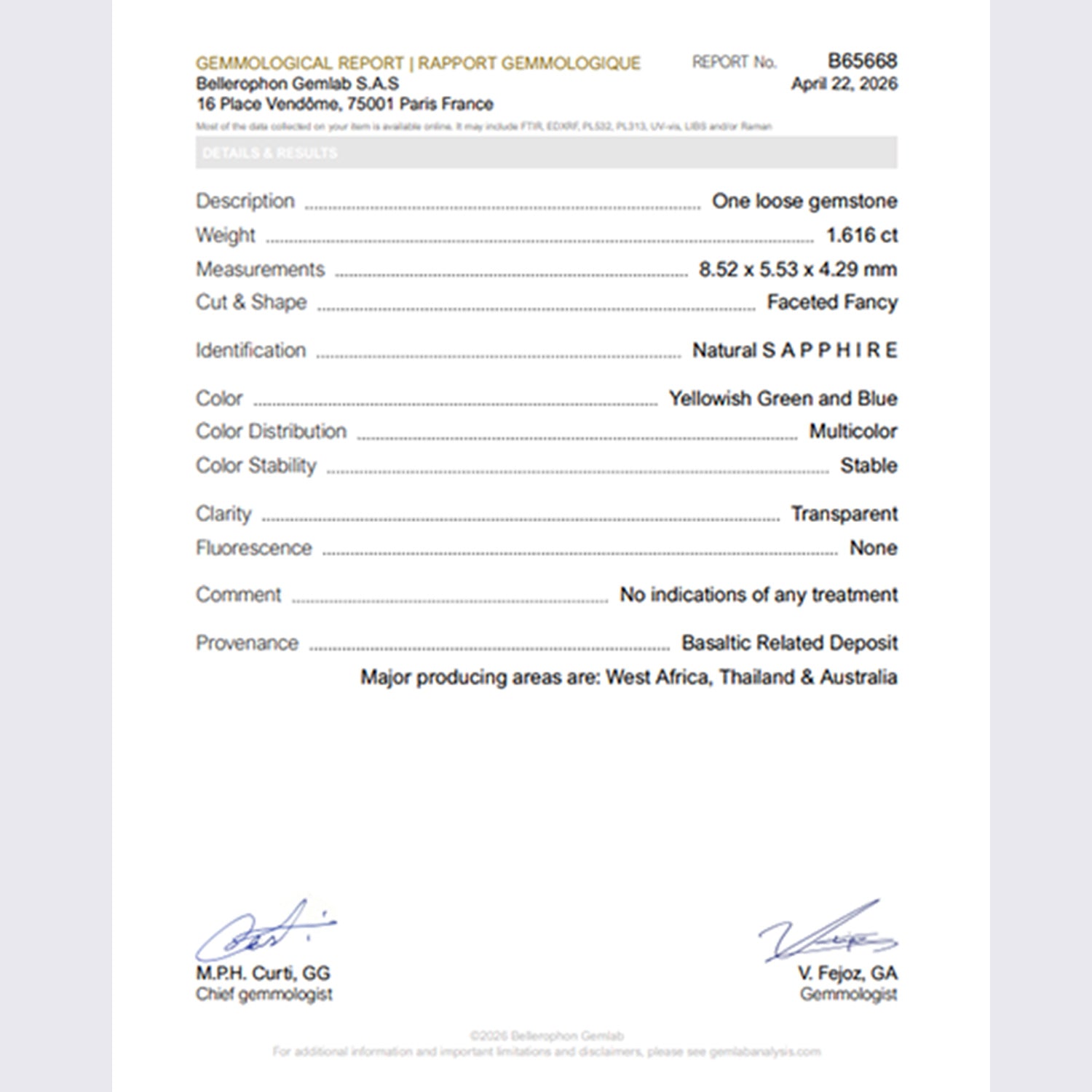 Certificat Bellerophon saphir bicolore non chauffé 1.616ct 