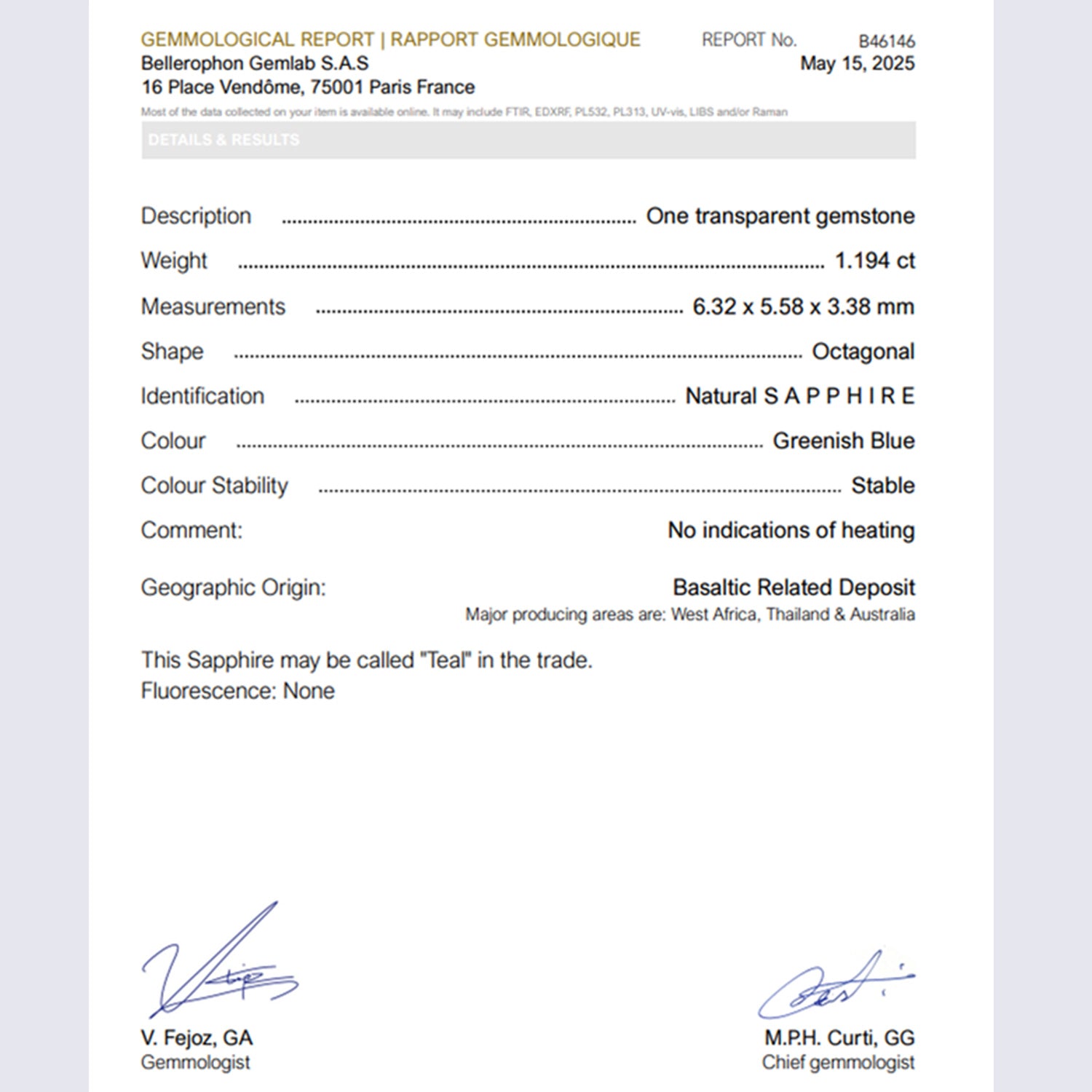 Certificat Bellerophon, Saphir Teal Naturel Non Chauffé 1.194ct, GMS1423