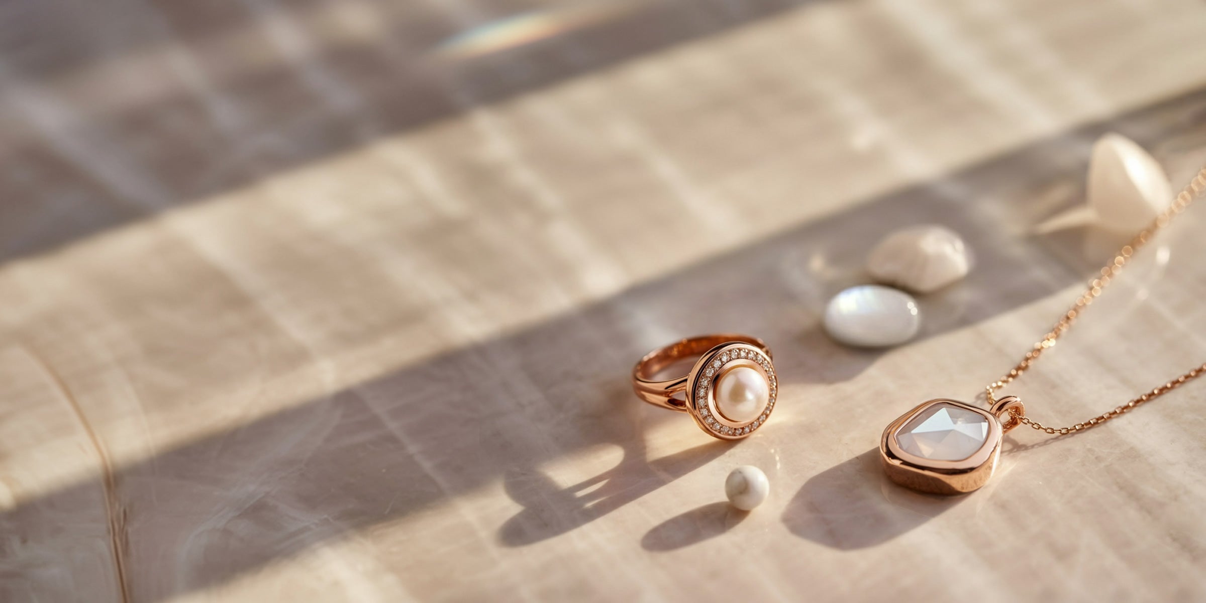Photographie de bijoux en or rose avec gemmes blanches : bague à perle centrale et pendentif en cristal blanc facetté, posés sur une surface de marbre lumineux.