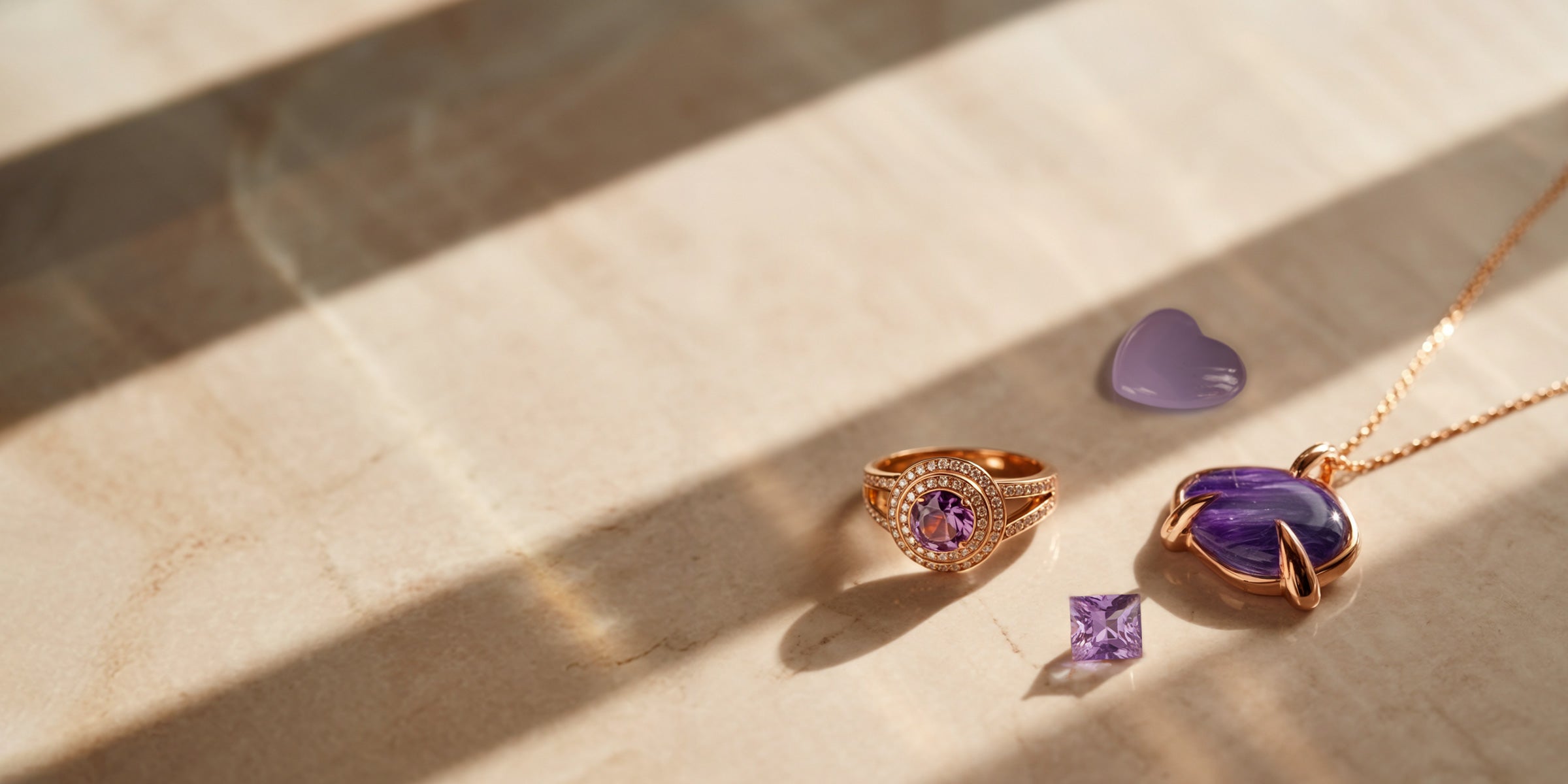 Pendentif en or rose avec cabochon de pierre précieuse violette au design moderne.