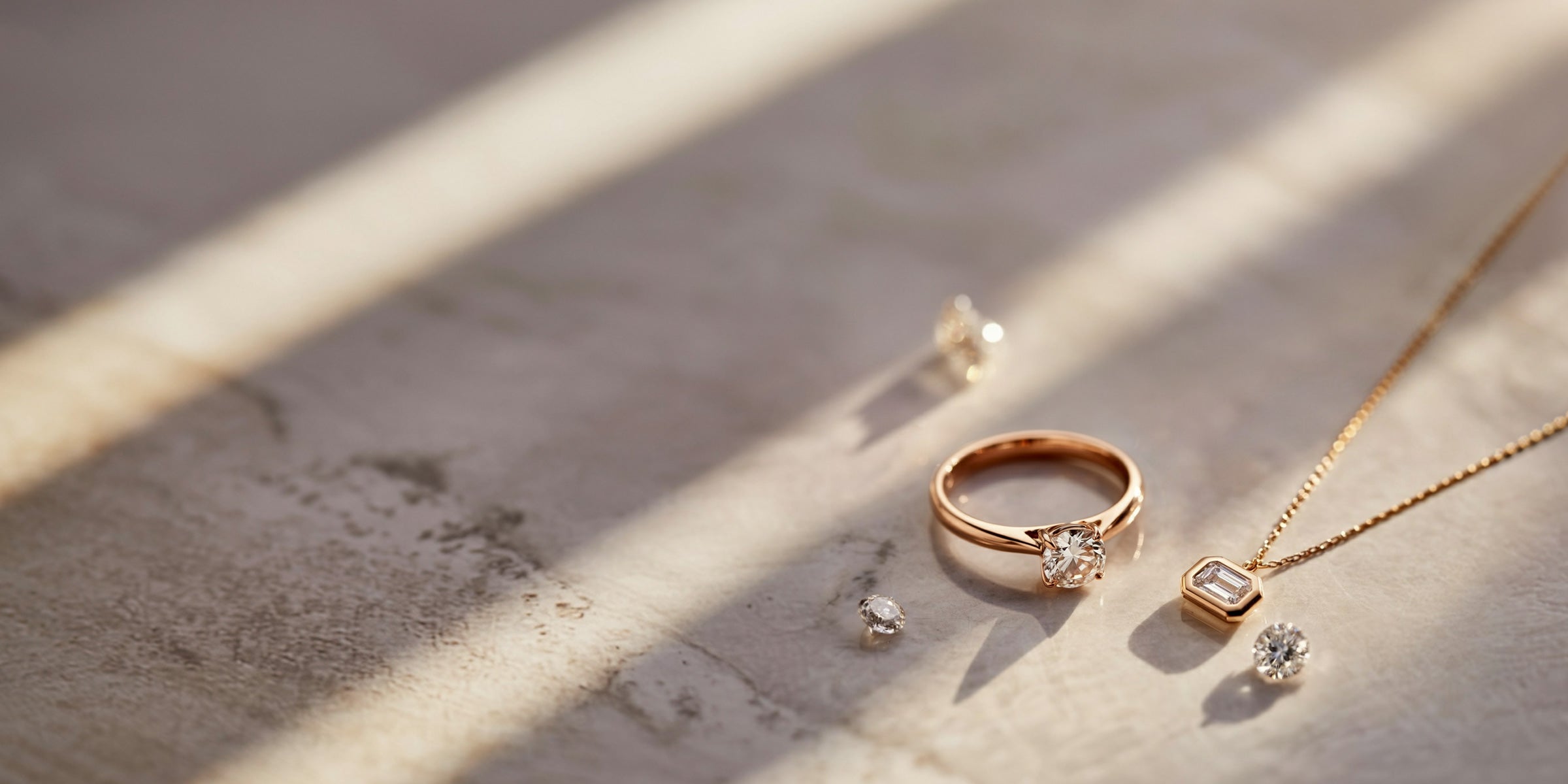 Bijoux élégants sertis de pierres incolores : bague solitaire en diamant et pendentif en or rose