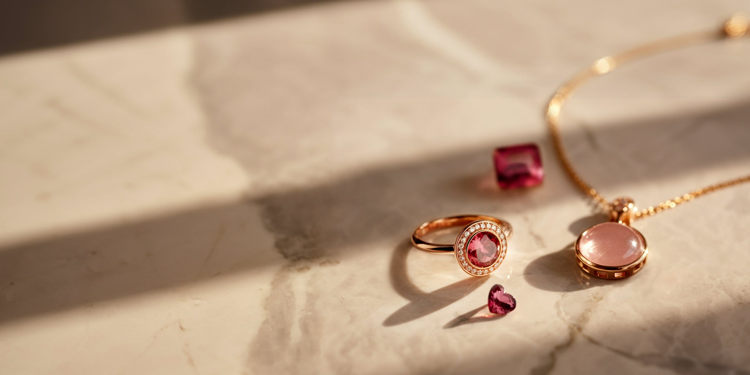 Bijoux en or avec pierres précieuses roses : bague halo en tourmaline et pendentif en quartz rose
