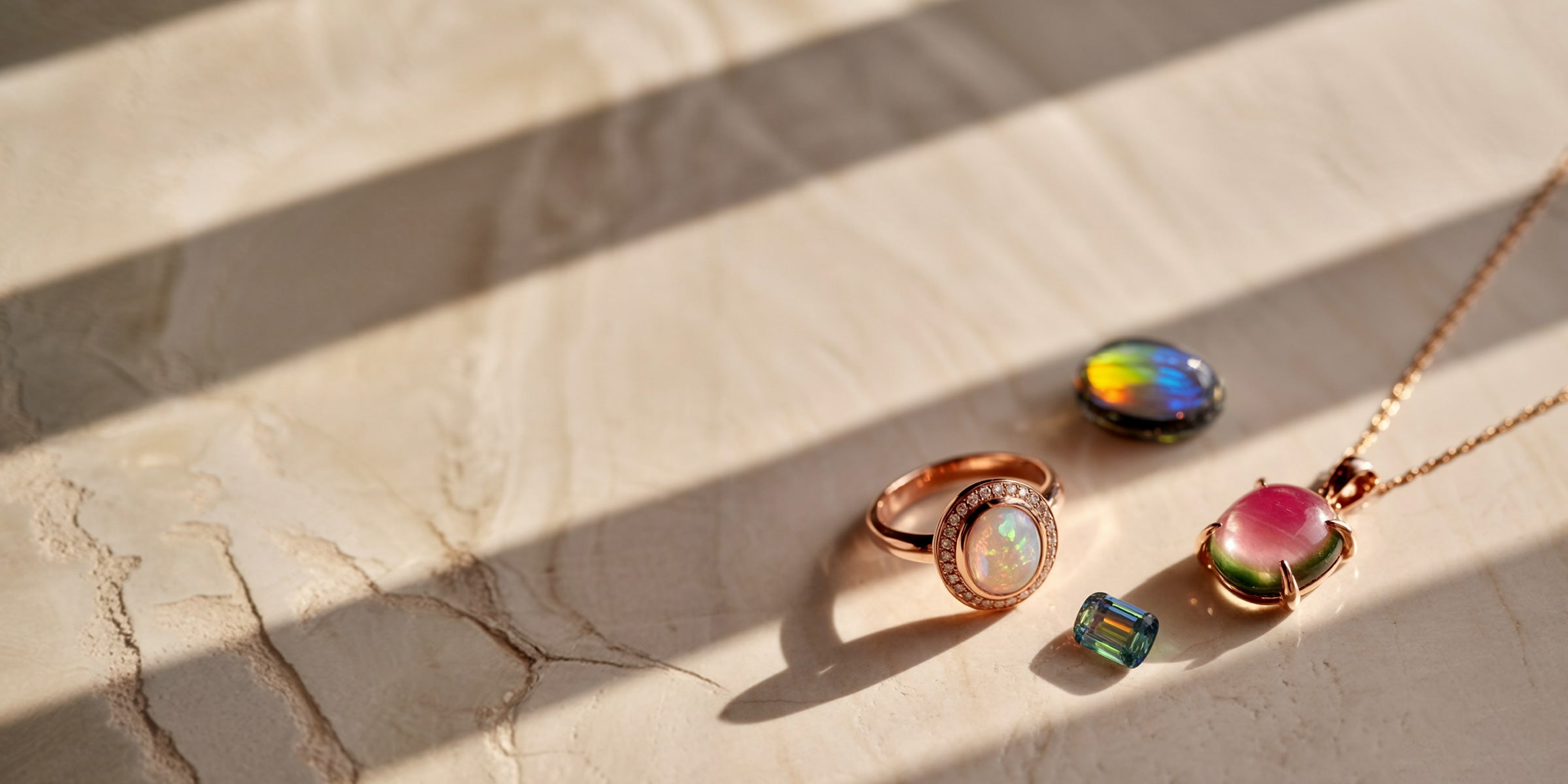 Bijoux de luxe avec pierres multicolores sur fond en marbre crème