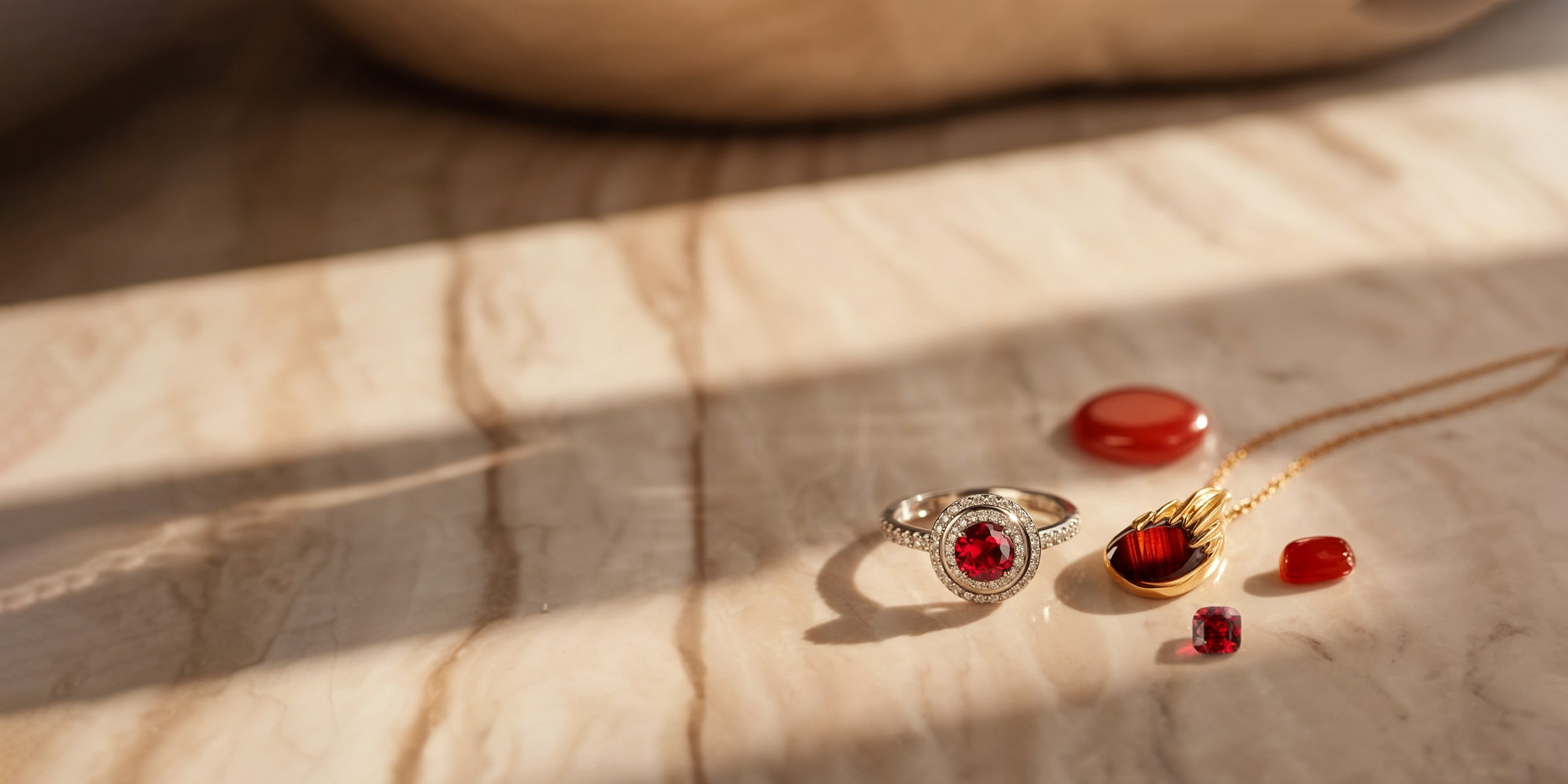 Gros plan de bijoux rouges de luxe : bague rubis et diamants, collier pendentif rubis en or, et pierres précieuses rubis brillantes sur fond de marbre clair.