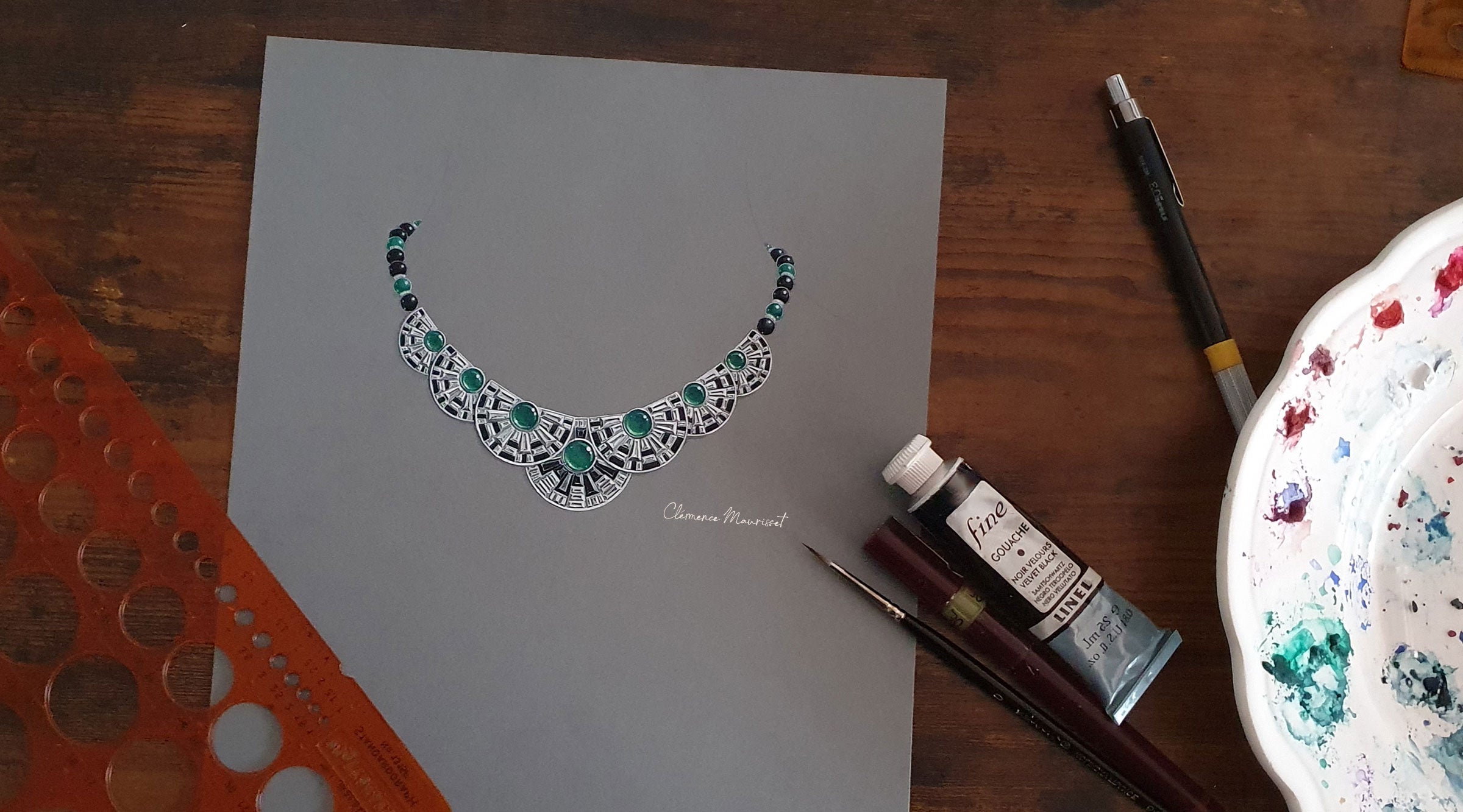 Illustration gouache d’un collier en émeraude, onyx noir et diamant, symbole d’élégance artistique.