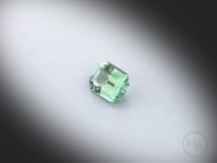 Vidéo d’une tourmaline verte naturelle rectangle à pans coupés facettée de 1.09 ct, de couleur vert soutenu, rotation sur un fond gris clair.